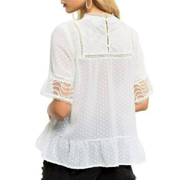NWT POL Lace and Swissdot Mock Neck Peplum Hem Blouse Top - Picture 3 of 7